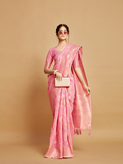 Dhiyona GR Women's Sargam Tickle Me Pink Zari Woven Design Linen Saree