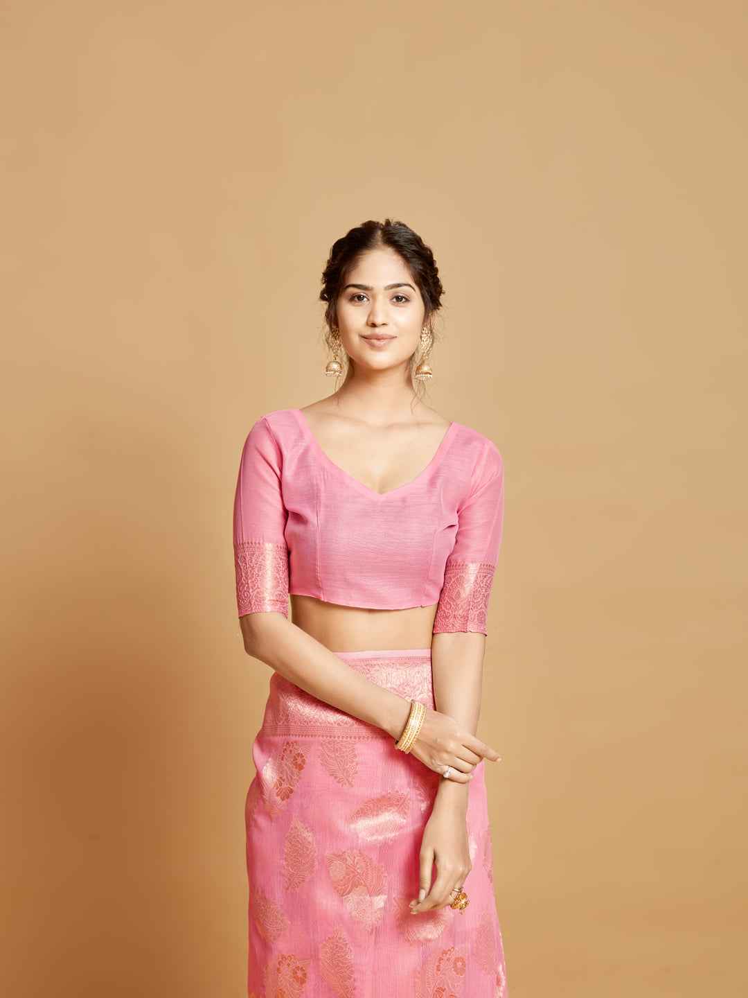 Dhiyona GR Women's Sargam Tickle Me Pink Zari Woven Design Linen Saree