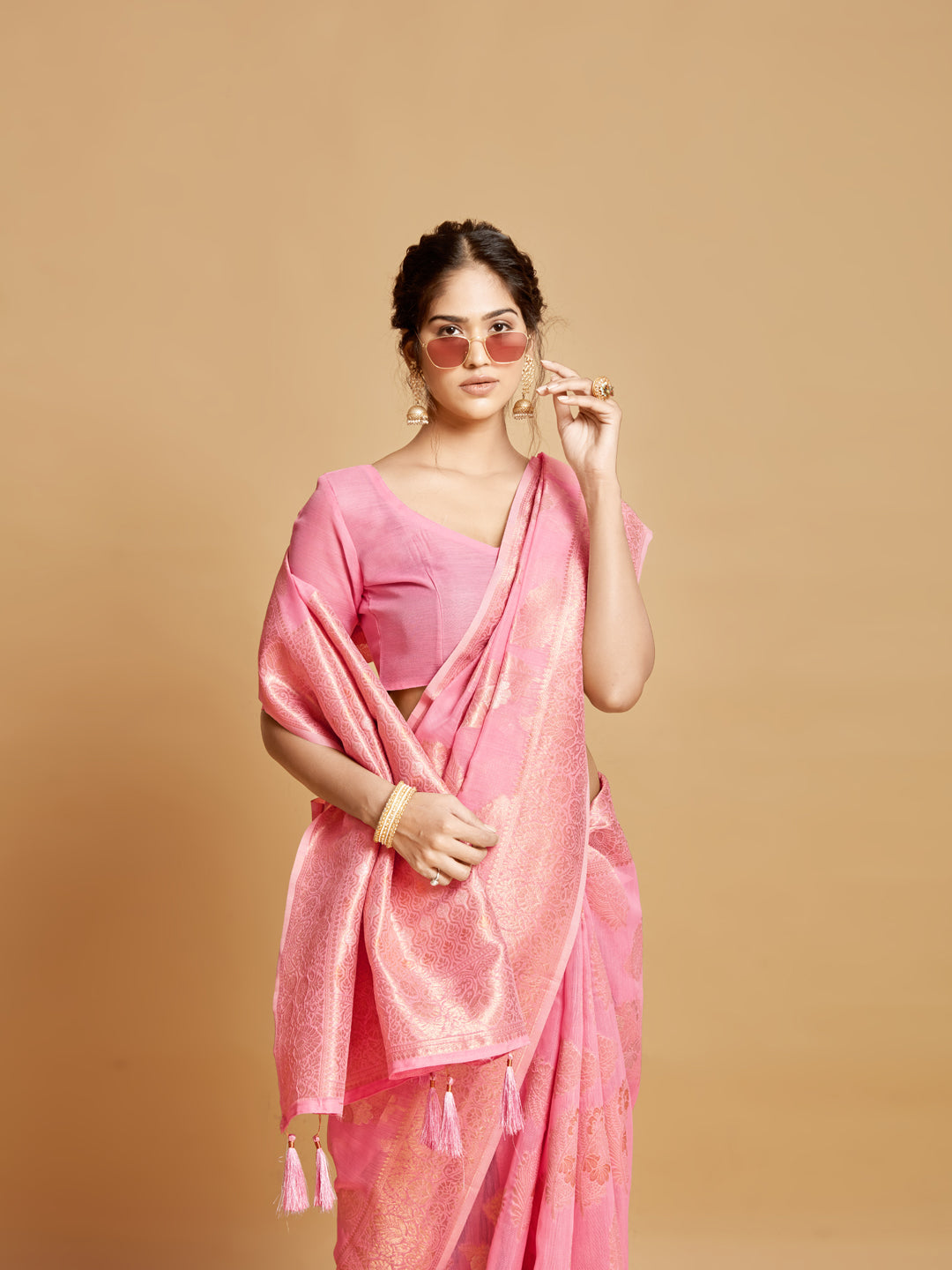 Dhiyona GR Women's Sargam Tickle Me Pink Zari Woven Design Linen Saree
