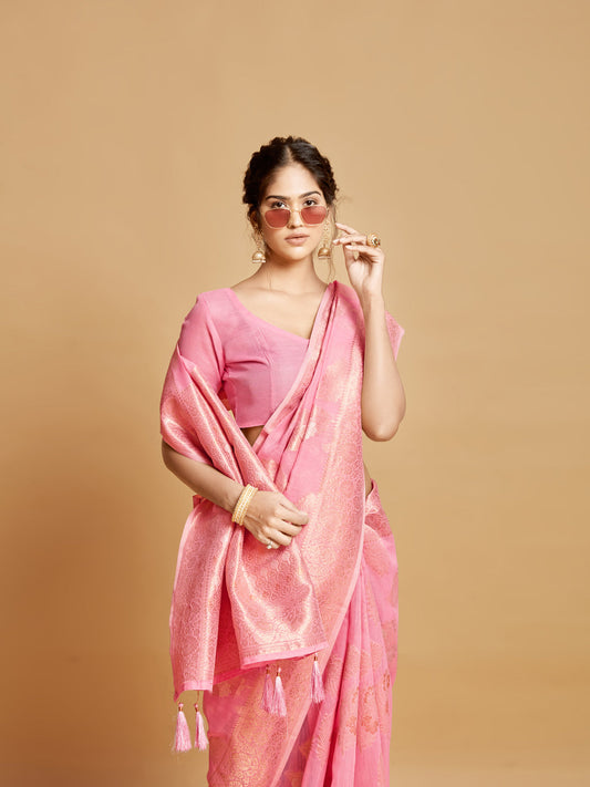 Dhiyona GR Women's Sargam Tickle Me Pink Zari Woven Design Linen Saree