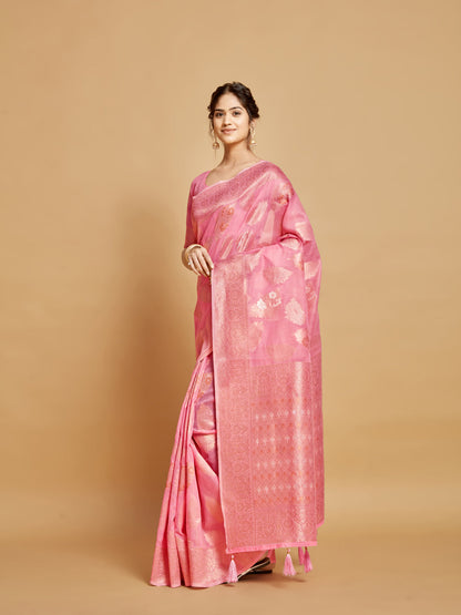 Dhiyona GR Women's Sargam Tickle Me Pink Zari Woven Design Linen Saree