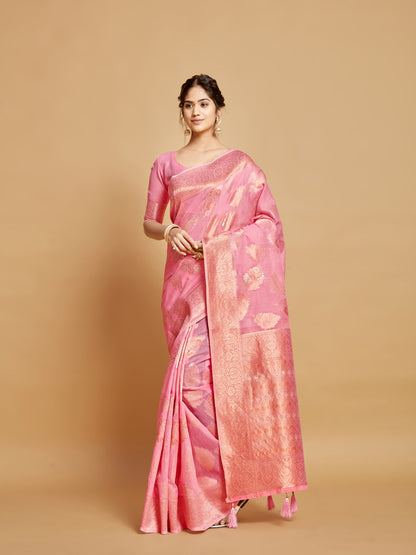 Dhiyona GR Women's Sargam Tickle Me Pink Zari Woven Design Linen Saree