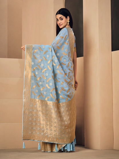 Dhiyona GR Women's Sargam Baby Blue Zari Woven Design Linen Saree