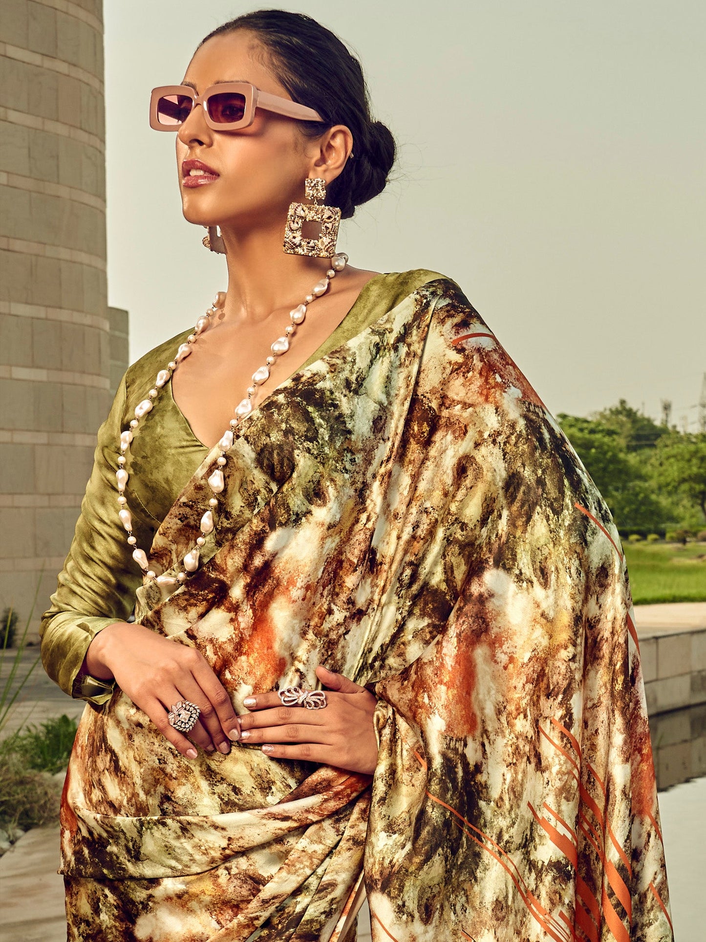 Women's Satin Silk Olive Printed Designer Saree With Blouse Piece