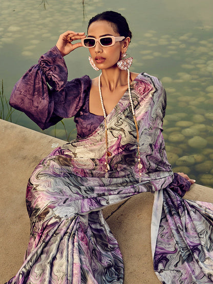 Women's Satin Silk Purple Printed Designer Saree With Blouse Piece