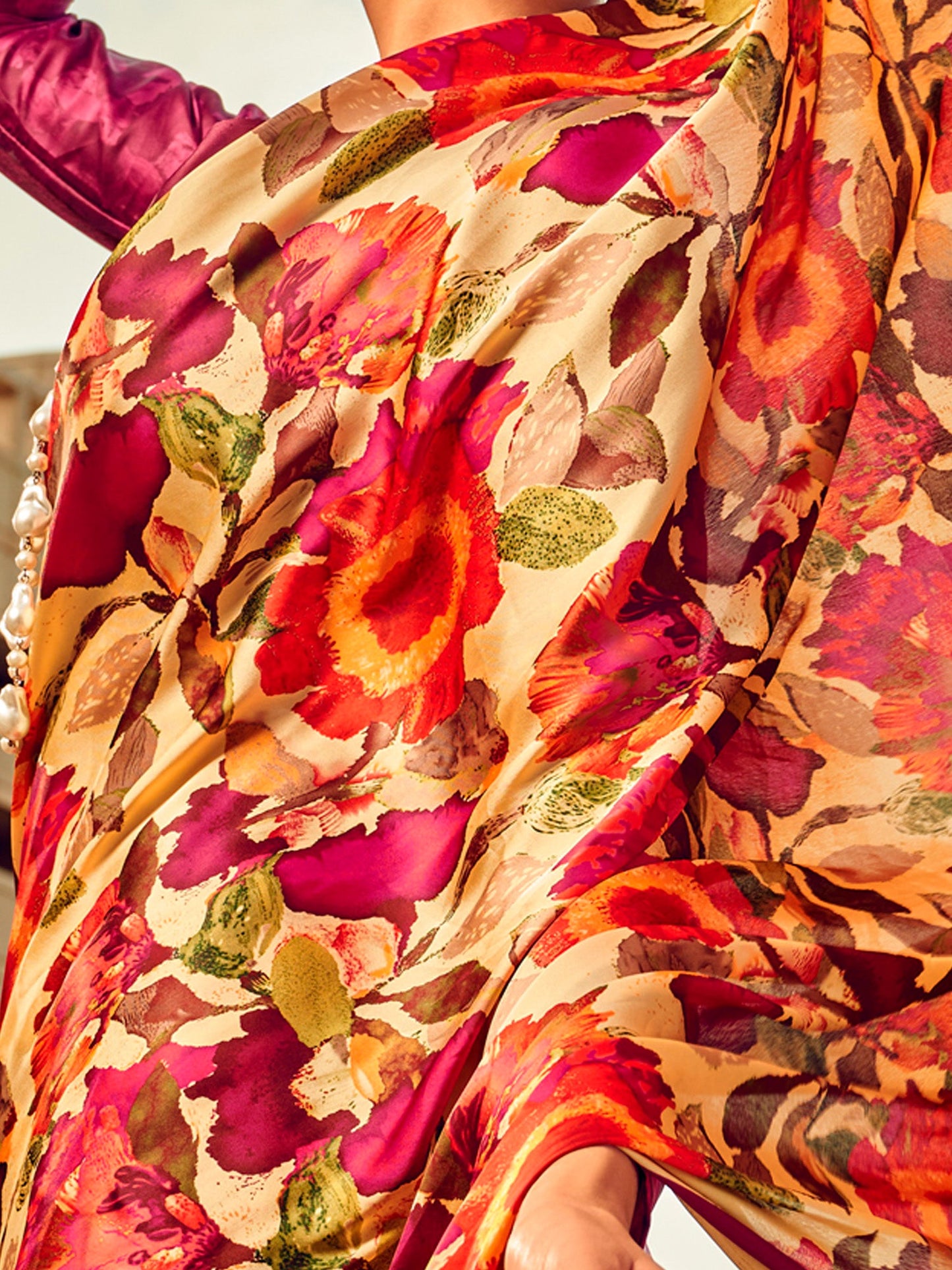 Women's Satin Silk Beige Printed Designer Saree With Blouse Piece
