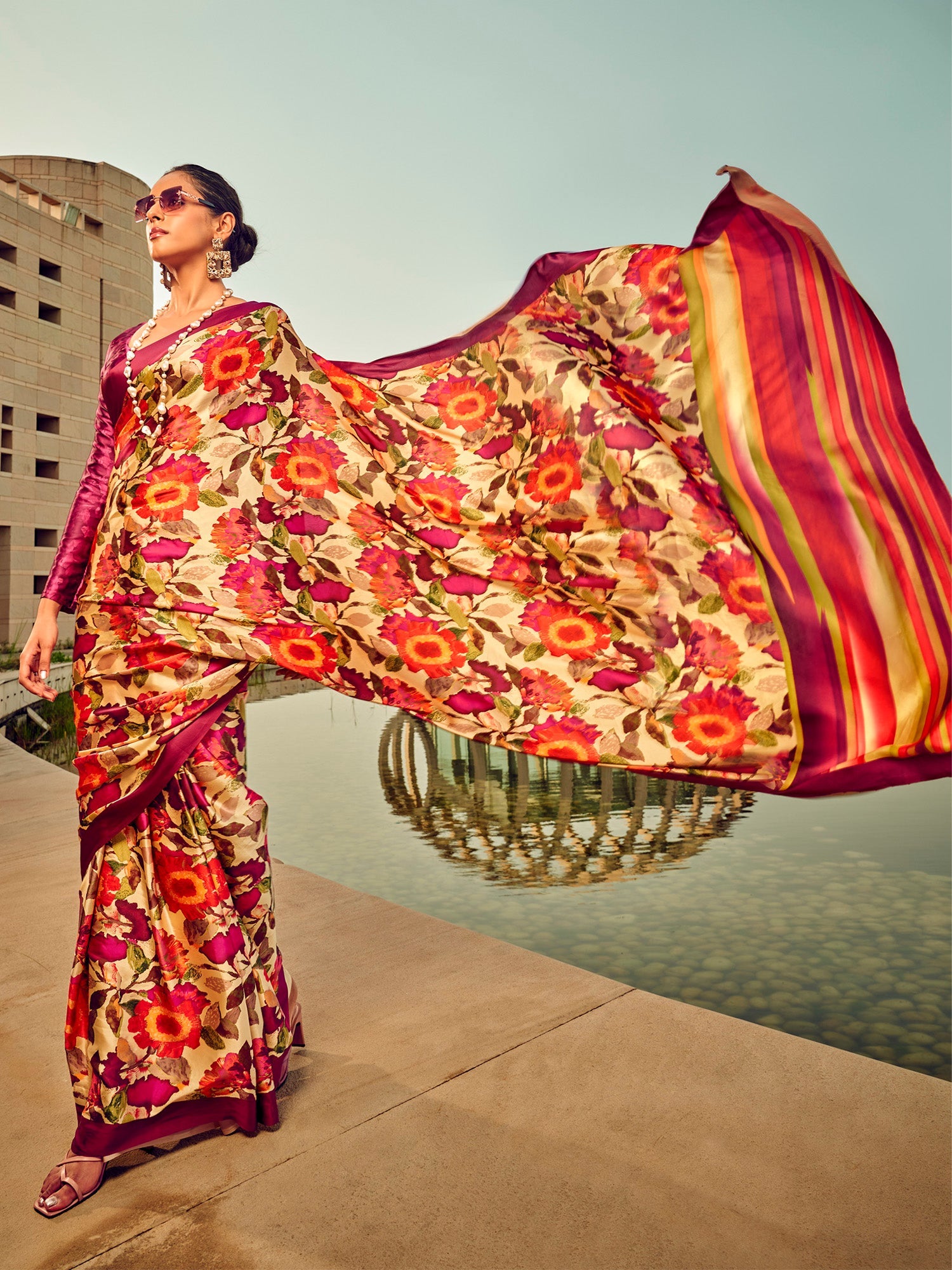 Women's Satin Silk Beige Printed Designer Saree With Blouse Piece