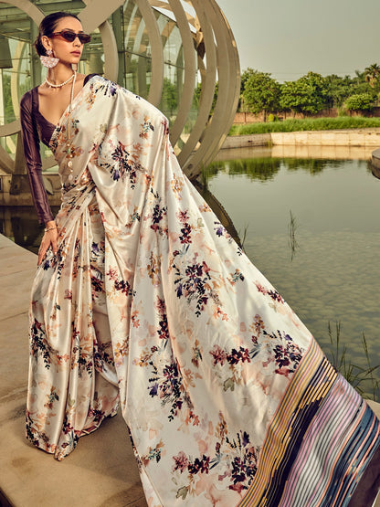 Women's Satin Silk Cream Printed Designer Saree With Blouse Piece
