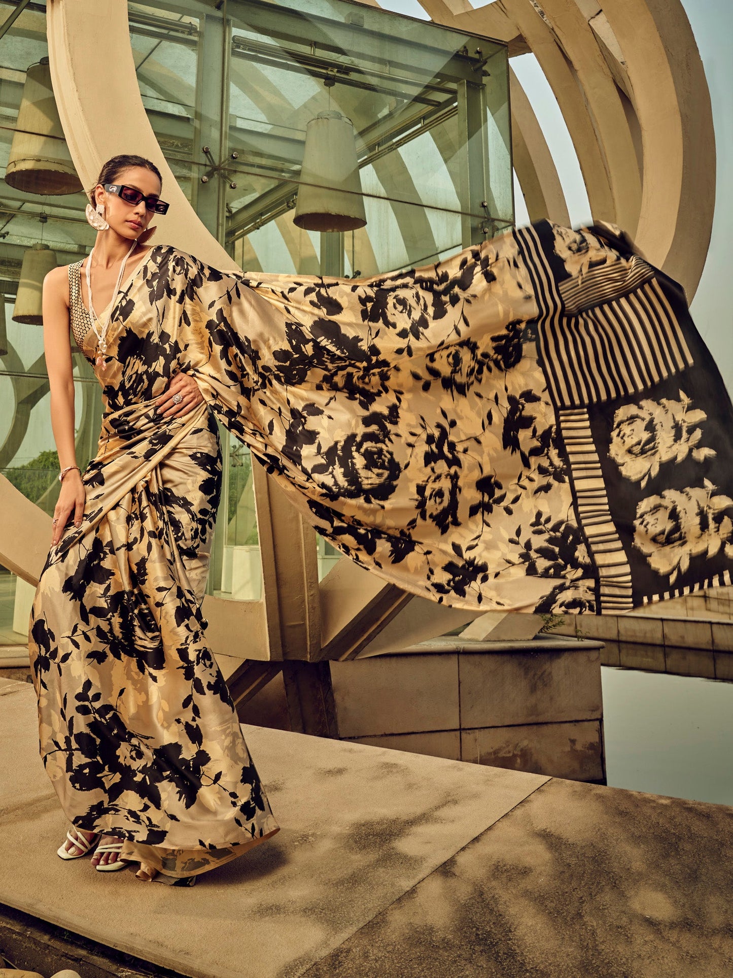 Women's Satin Silk Beige Printed Designer Saree With Blouse Piece