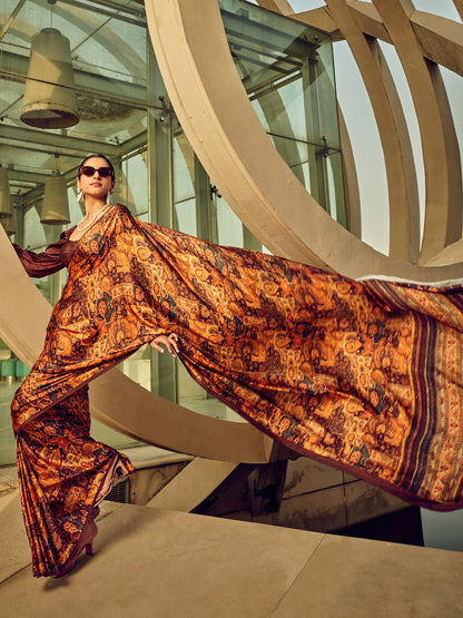Women's Satin Silk Brown Printed Designer Saree With Blouse Piece