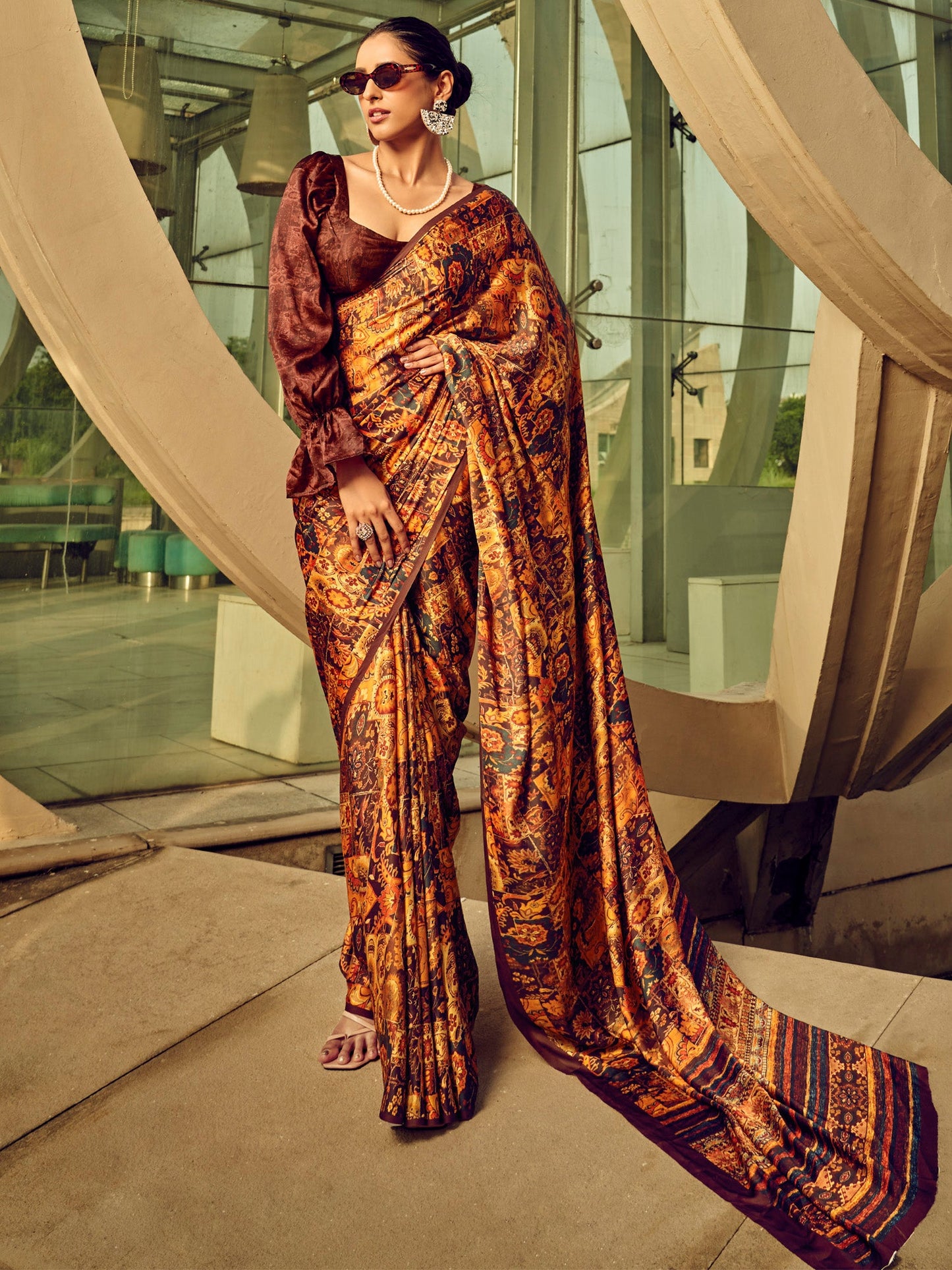 Women's Satin Silk Brown Printed Designer Saree With Blouse Piece