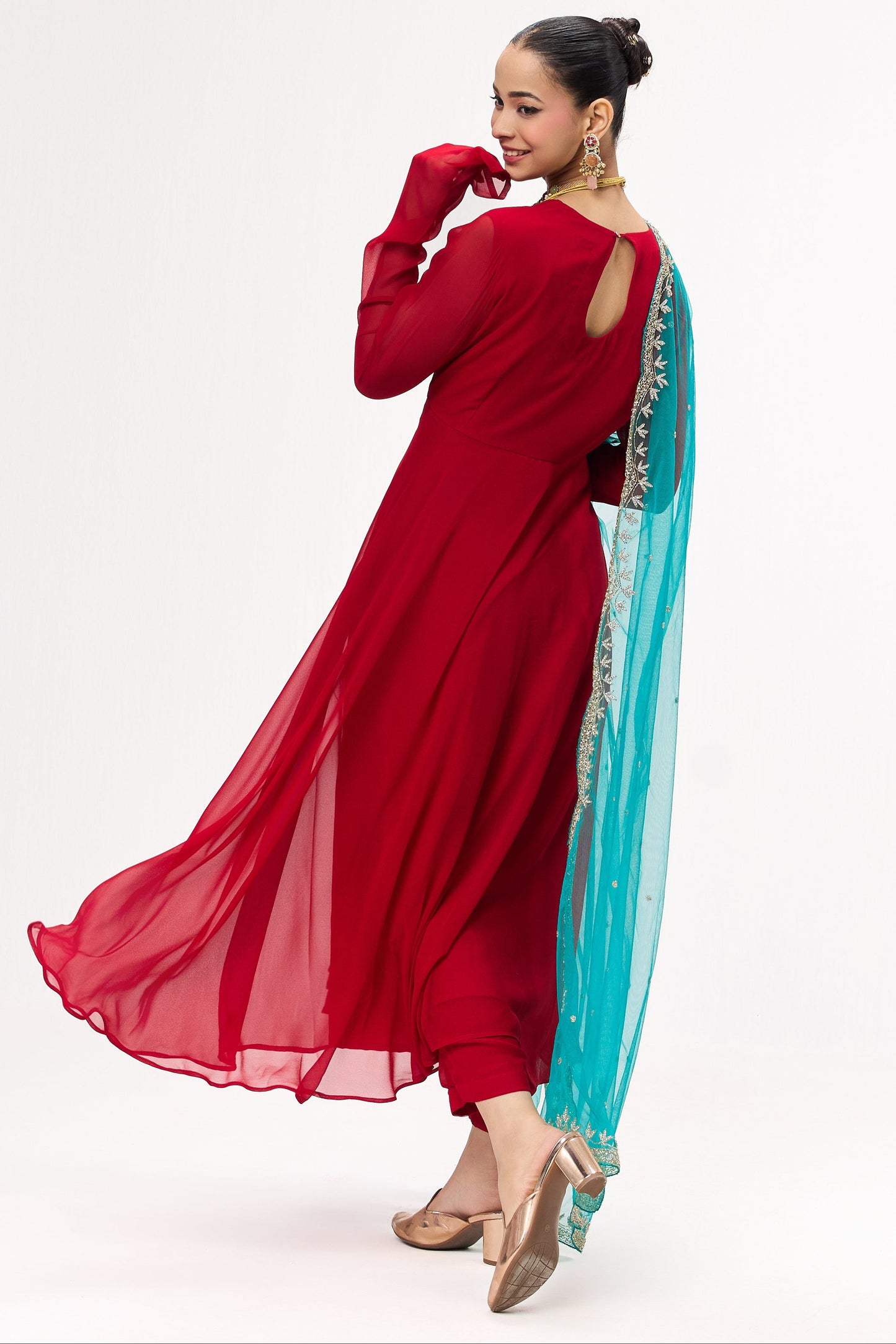 Dhiyona ST 3 pc Suit Set - Power Red Georgette Long Sleeve Anarkali Suit with Pants and Teal Hand Embrodiered Dupatta