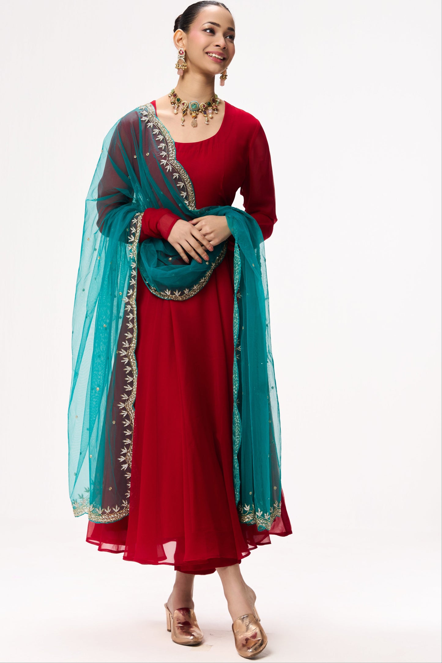 Dhiyona ST 3 pc Suit Set - Power Red Georgette Long Sleeve Anarkali Suit with Pants and Teal Hand Embrodiered Dupatta