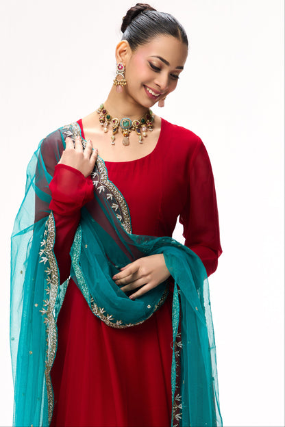 Dhiyona ST 3 pc Suit Set - Power Red Georgette Long Sleeve Anarkali Suit with Pants and Teal Hand Embrodiered Dupatta