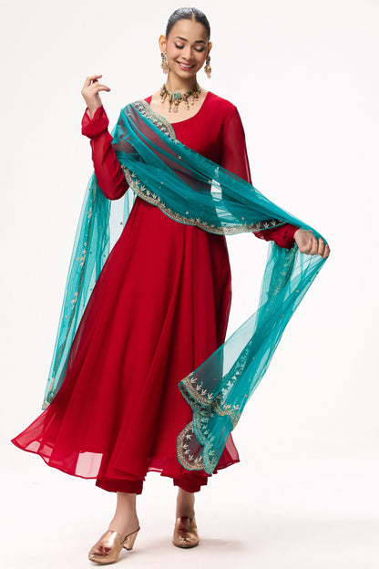 Dhiyona ST 3 pc Suit Set - Power Red Georgette Long Sleeve Anarkali Suit with Pants and Teal Hand Embrodiered Dupatta