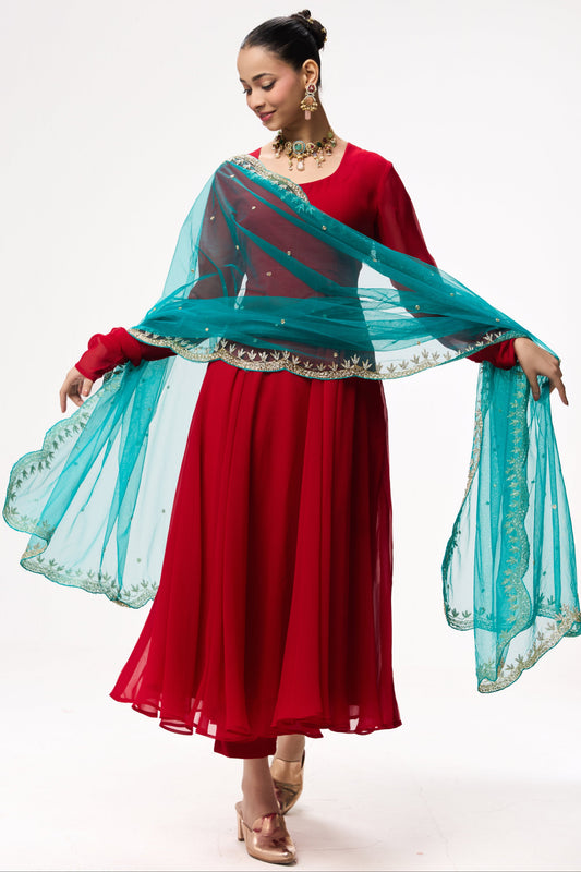 Dhiyona ST 3 pc Suit Set - Power Red Georgette Long Sleeve Anarkali Suit with Pants and Teal Hand Embrodiered Dupatta