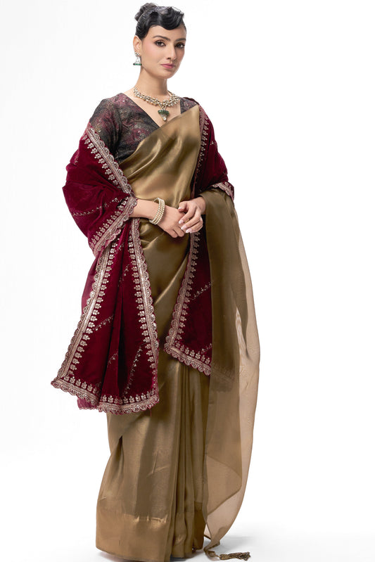 Dhiyona ST Bronze Foil Organza Saree with Embroidered Blouse Fabric