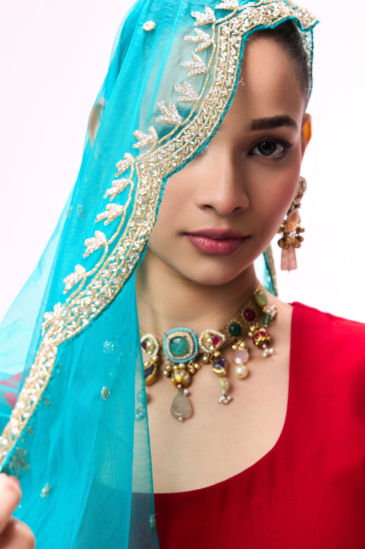 Dhiyona ST 3 pc Suit Set - Power Red Georgette Long Sleeve Anarkali Suit with Pants and Teal Hand Embrodiered Dupatta