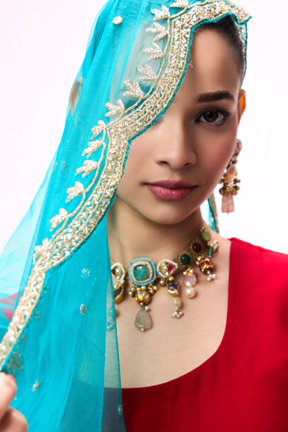 Dhiyona ST 3 pc Suit Set - Power Red Georgette Long Sleeve Anarkali Suit with Pants and Teal Hand Embrodiered Dupatta