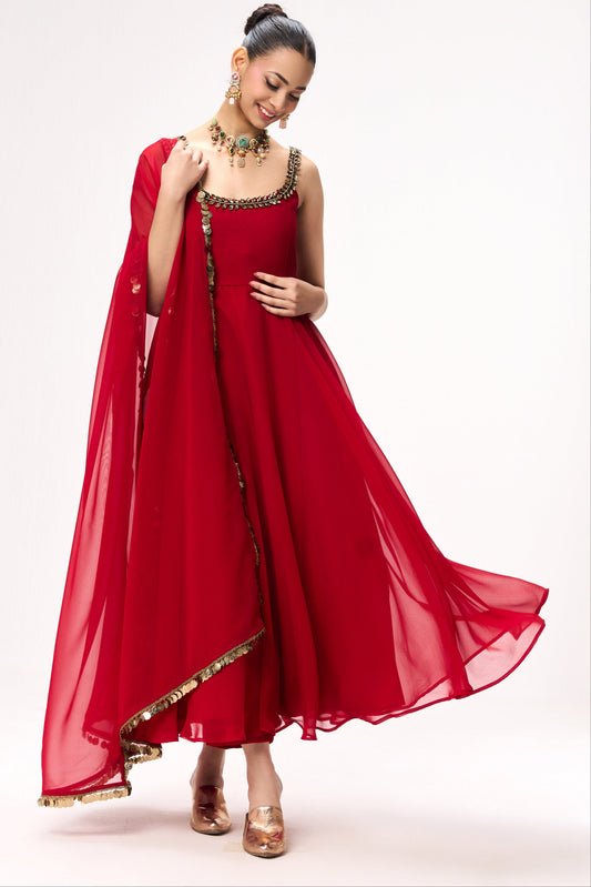 Dhiyona ST 3 pc Suit Set - Power Red Georgette Glass Beads Front and Back Neck Sleeveless Anarkali Suit with Pants and Dupatta