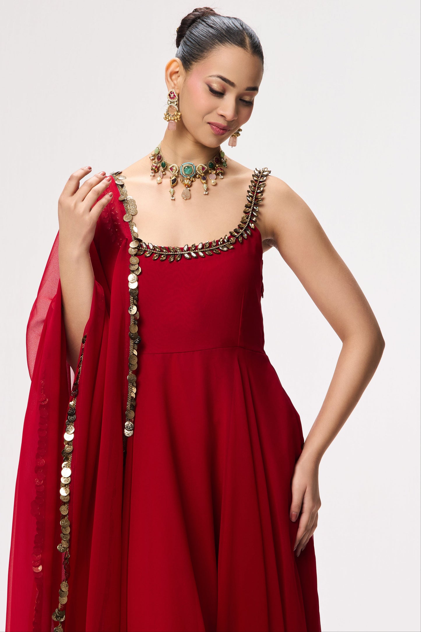 Dhiyona ST 3 pc Suit Set - Power Red Georgette Glass Beads Front and Back Neck Sleeveless Anarkali Suit with Pants and Dupatta