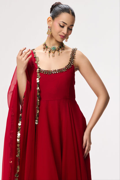 Dhiyona ST 3 pc Suit Set - Power Red Georgette Glass Beads Front and Back Neck Sleeveless Anarkali Suit with Pants and Dupatta