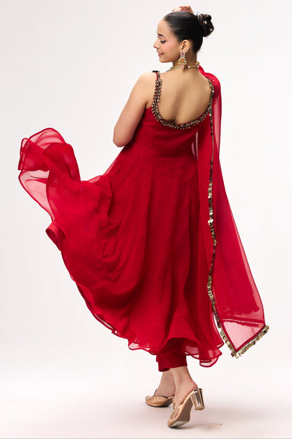 Dhiyona ST 3 pc Suit Set - Power Red Georgette Glass Beads Front and Back Neck Sleeveless Anarkali Suit with Pants and Dupatta