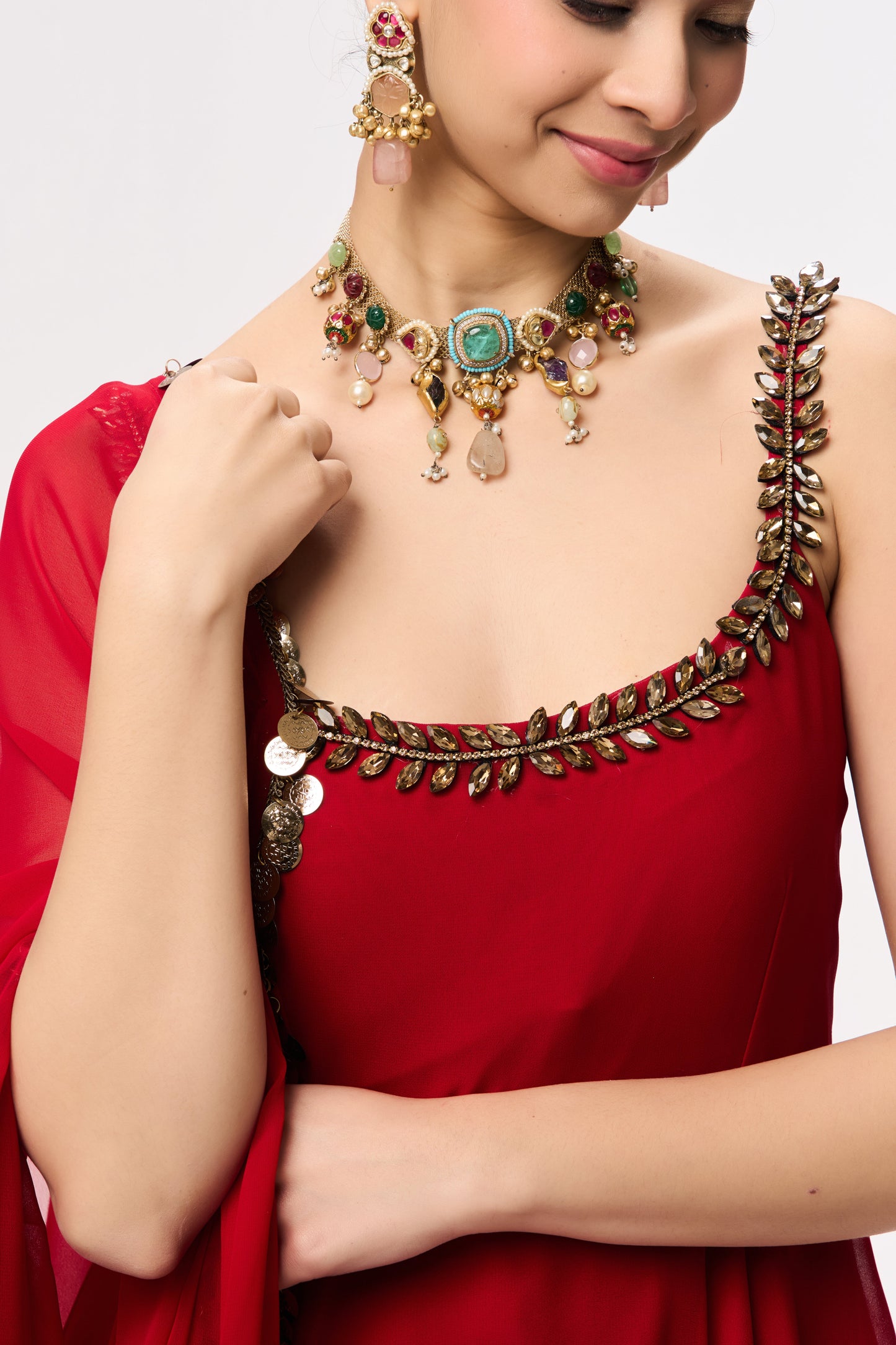 Dhiyona ST 3 pc Suit Set - Power Red Georgette Glass Beads Front and Back Neck Sleeveless Anarkali Suit with Pants and Dupatta