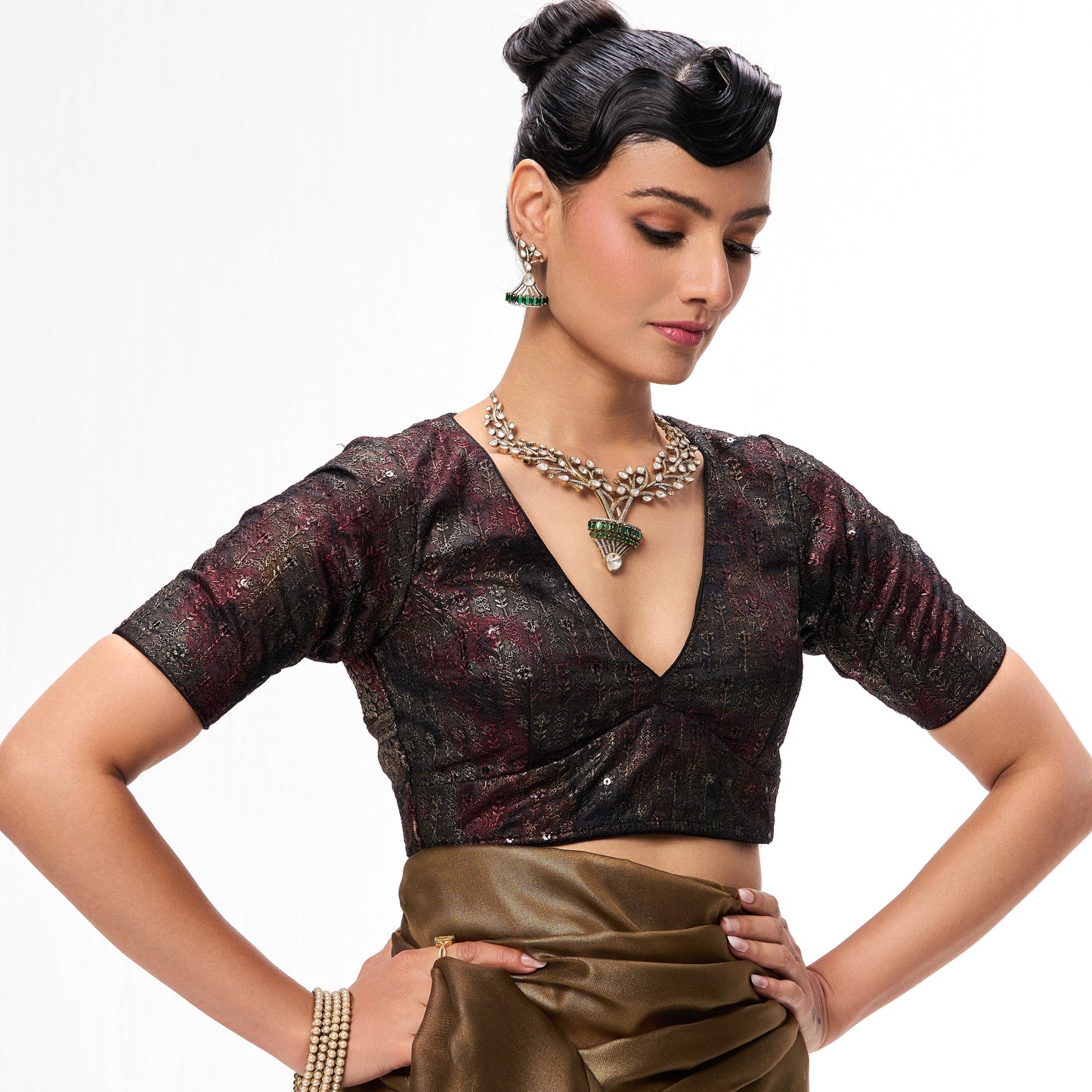 Dhiyona ST Bronze Foil Organza Saree with Embroidered Blouse Fabric
