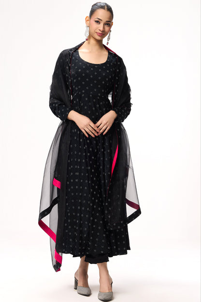 Dhiyona ST 3 pc Suit Set - Black Silver Posh Long Sleeve Anarkali Suit with Pants and Glass Dupatta with Border