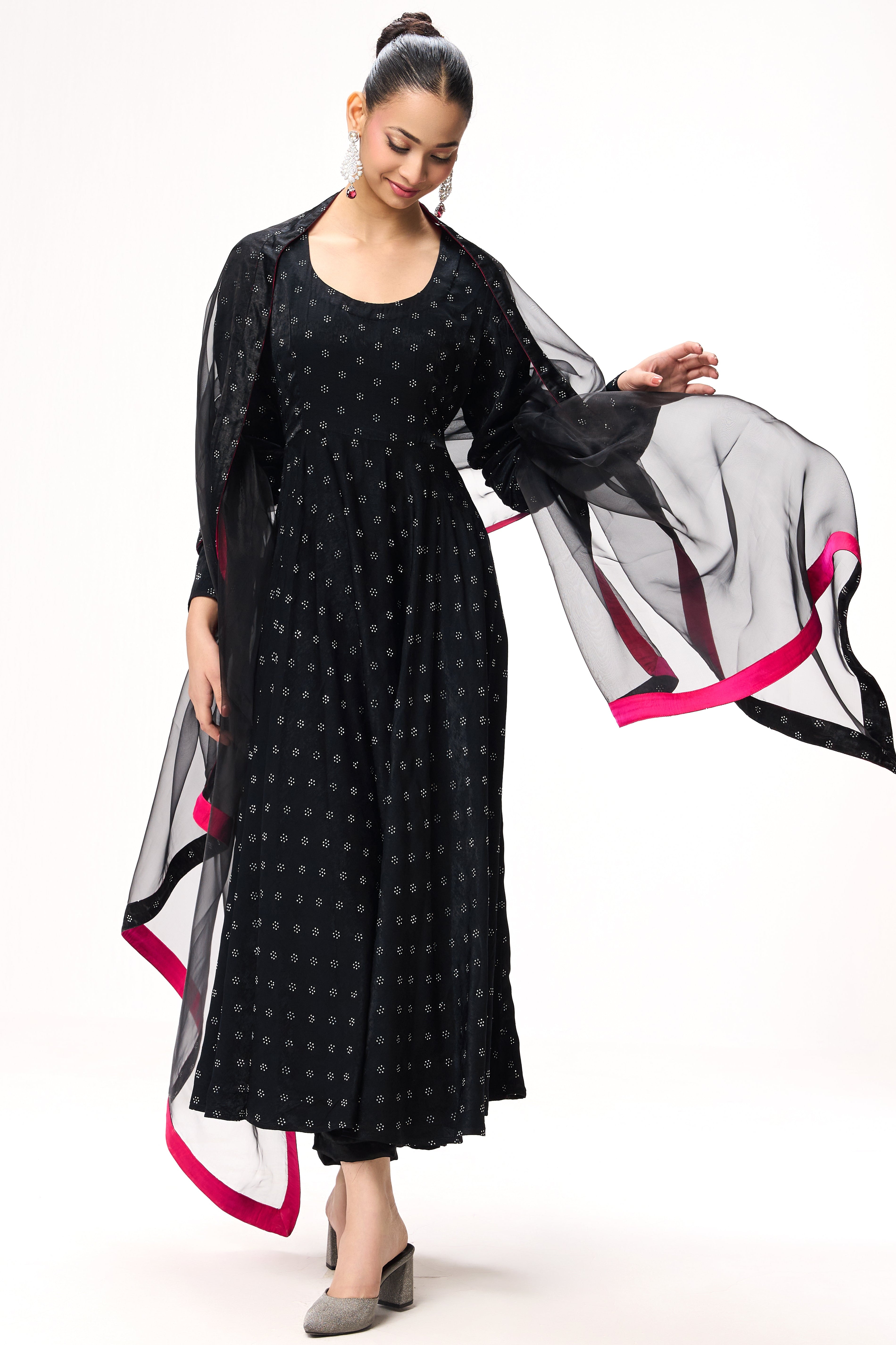 Dhiyona ST 3 pc Suit Set - Black Silver Posh Long Sleeve Anarkali Suit with Pants and Glass Dupatta with Border