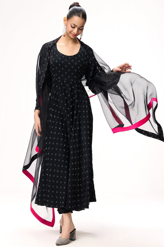 Dhiyona ST 3 pc Suit Set - Black Silver Posh Long Sleeve Anarkali Suit with Pants and Glass Dupatta with Border