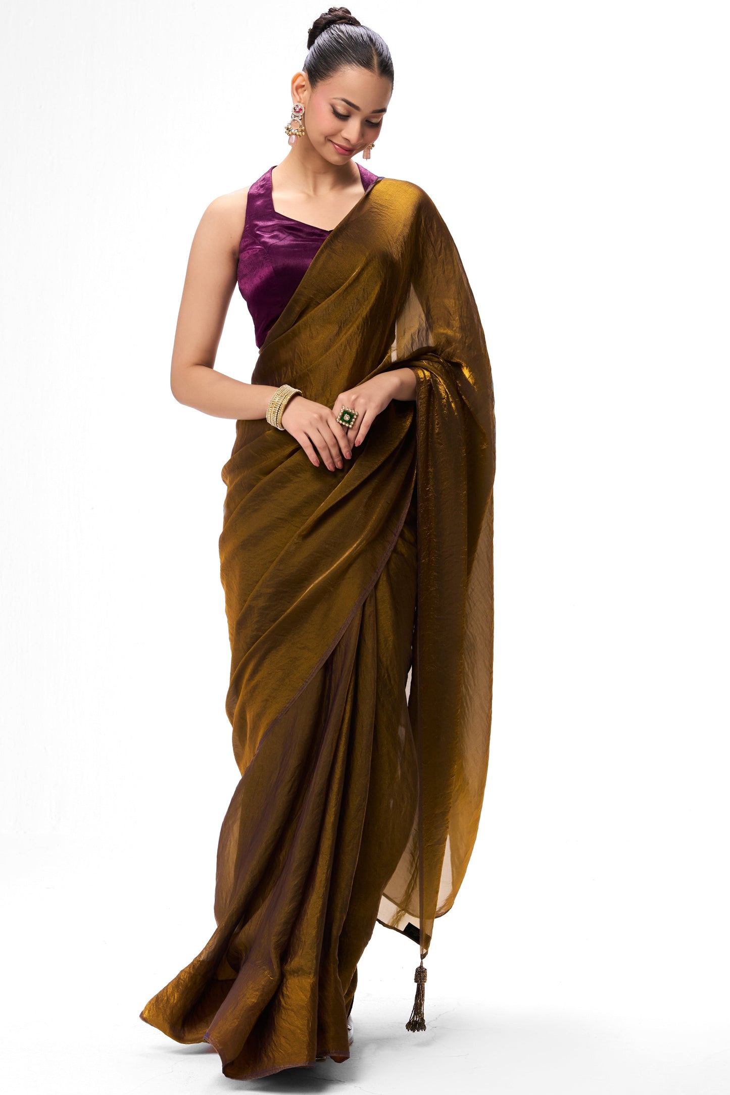 Dhiyona ST Gold Purple Metallic Satin Saree with Purple Plush Blouse Fabric