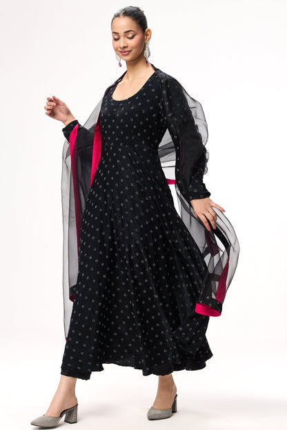 Dhiyona ST 3 pc Suit Set - Black Silver Posh Long Sleeve Anarkali Suit with Pants and Glass Dupatta with Border