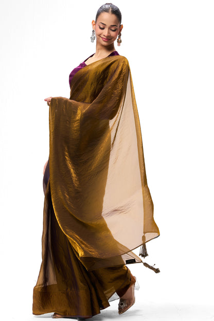 Dhiyona ST Gold Purple Metallic Satin Saree with Purple Plush Blouse Fabric