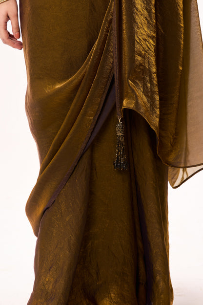 Dhiyona ST Gold Purple Metallic Satin Saree with Purple Plush Blouse Fabric