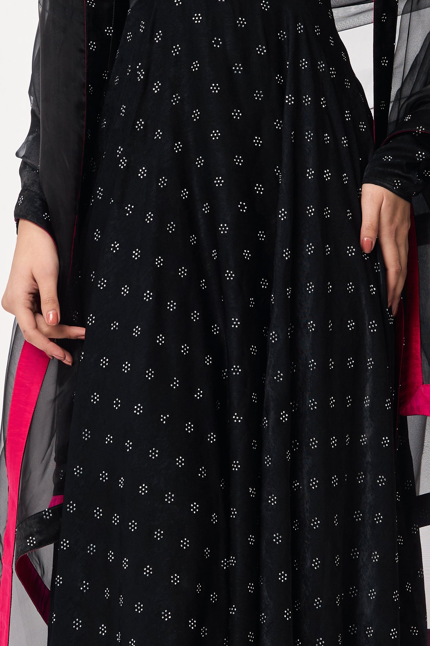 Dhiyona ST 3 pc Suit Set - Black Silver Posh Long Sleeve Anarkali Suit with Pants and Glass Dupatta with Border
