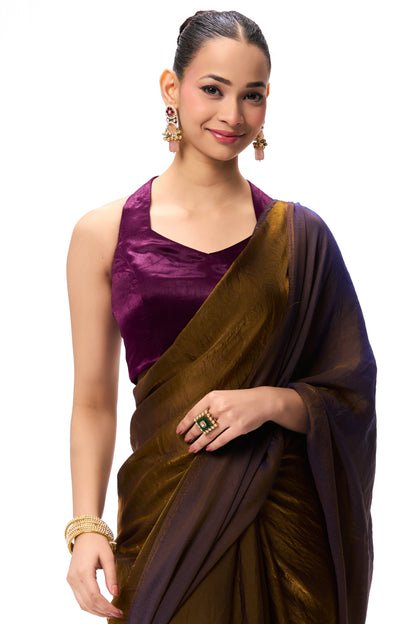 Dhiyona ST Gold Purple Metallic Satin Saree with Purple Plush Blouse Fabric