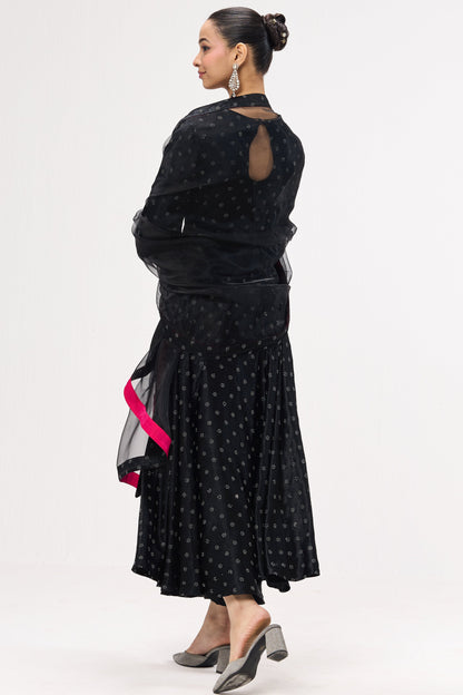 Dhiyona ST 3 pc Suit Set - Black Silver Posh Long Sleeve Anarkali Suit with Pants and Glass Dupatta with Border