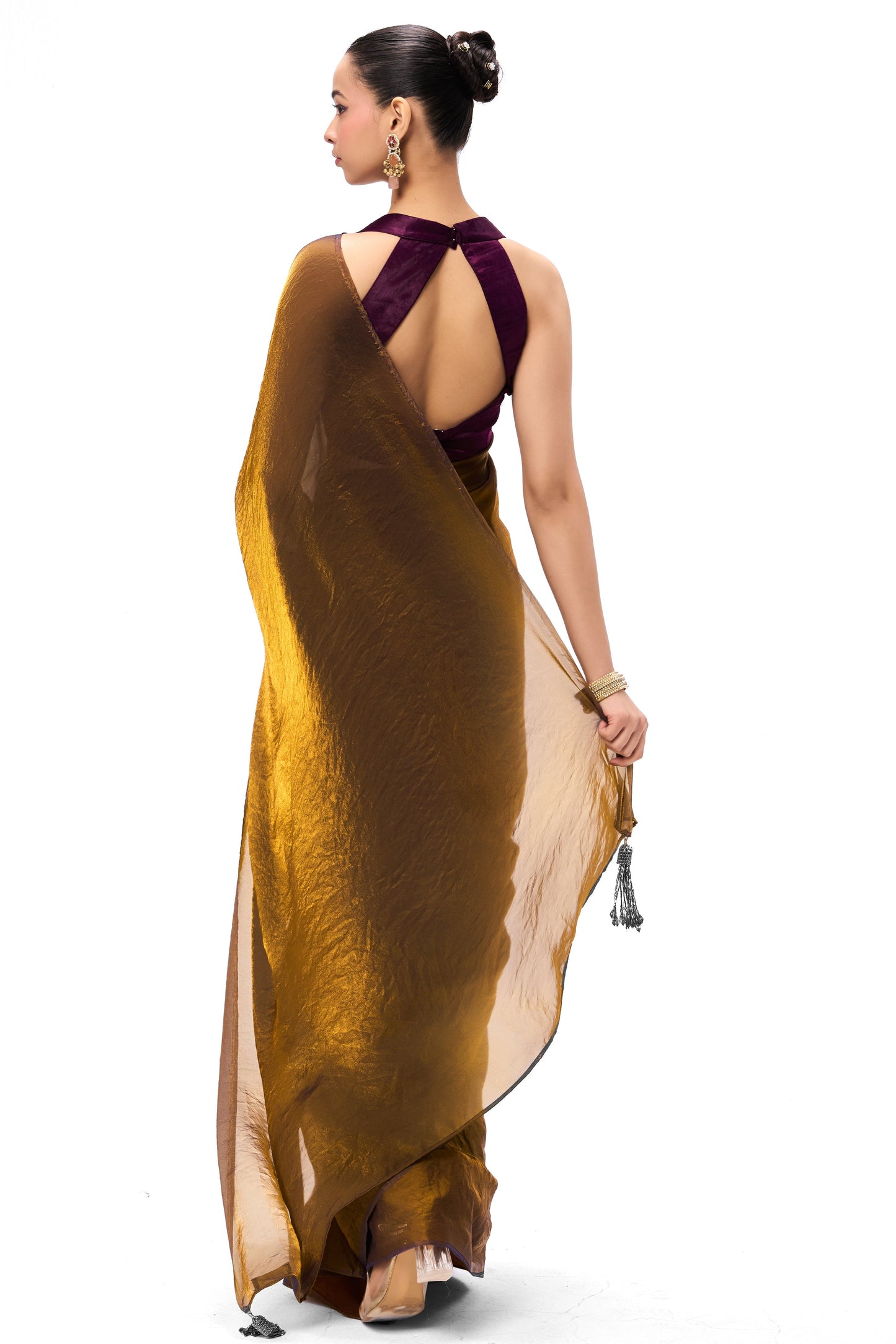 Dhiyona ST Gold Purple Metallic Satin Saree with Purple Plush Blouse Fabric