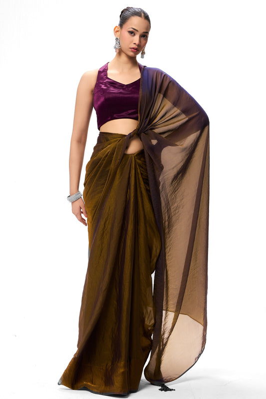 Dhiyona ST Gold Purple Metallic Satin Saree with Purple Plush Blouse Fabric