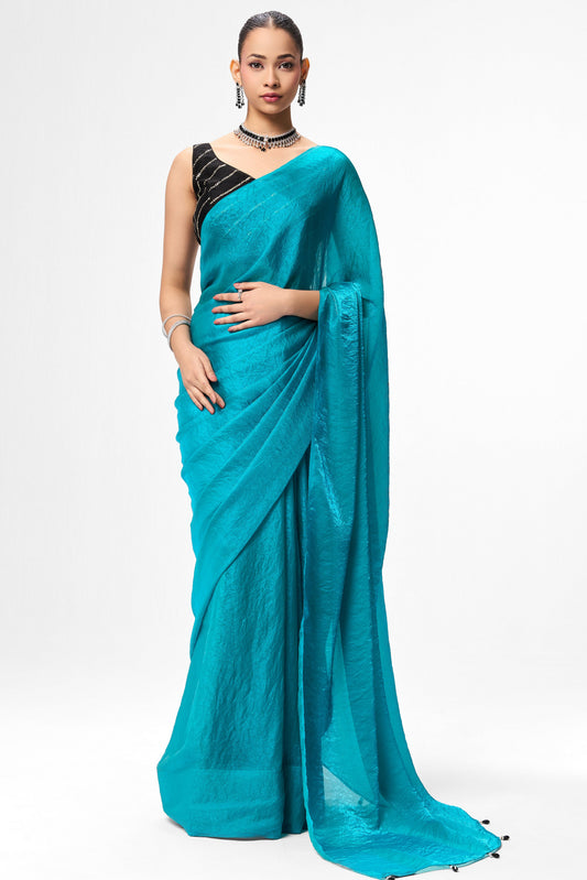 Dhiyona ST With Readymade Blouse - Azure Blue Metallic Satin Saree with Black Sequin Readymade Blouse