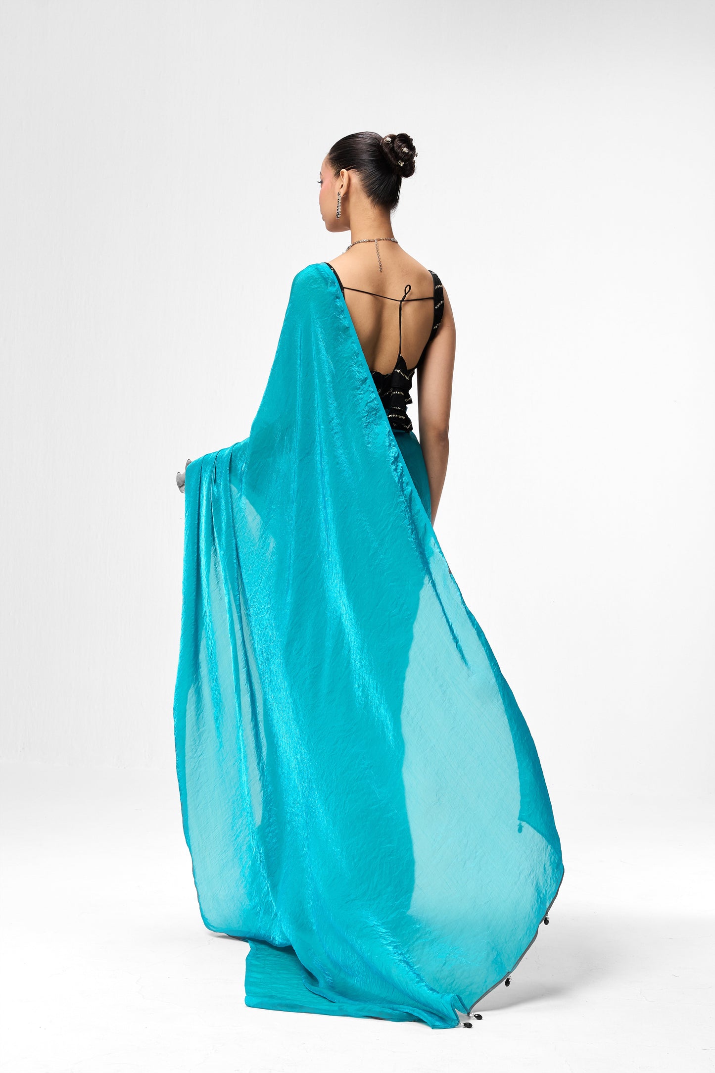 Dhiyona ST With Readymade Blouse - Azure Blue Metallic Satin Saree with Black Sequin Readymade Blouse