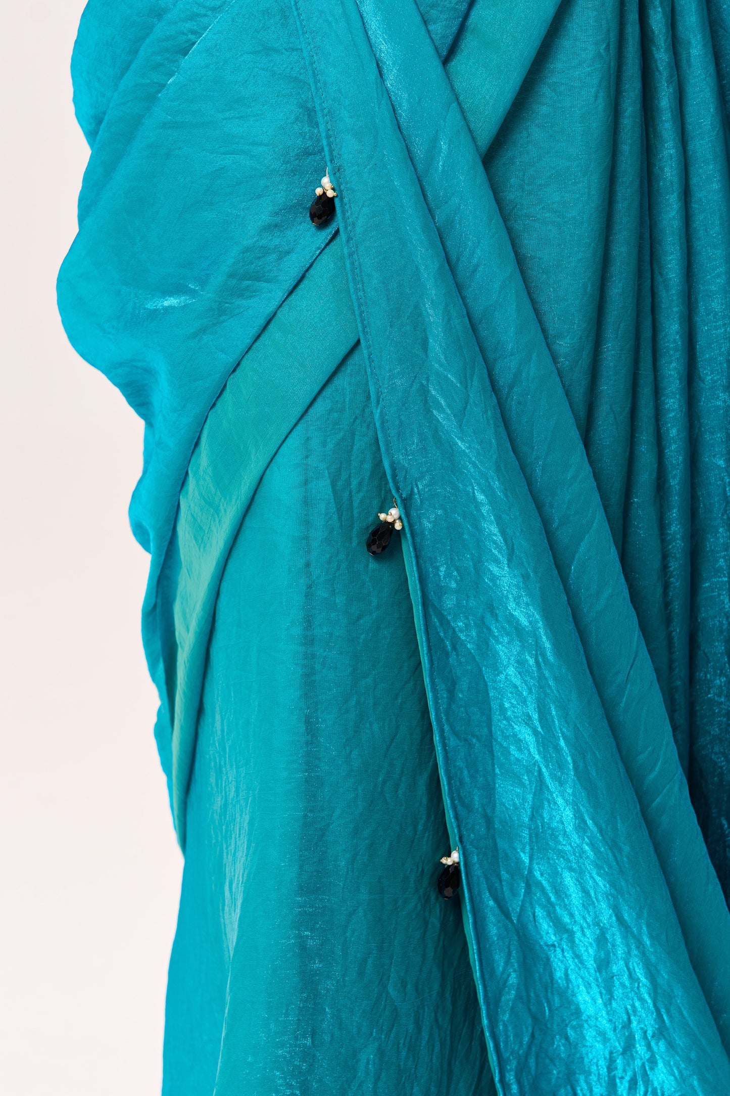 Dhiyona ST With Readymade Blouse - Azure Blue Metallic Satin Saree with Black Sequin Readymade Blouse