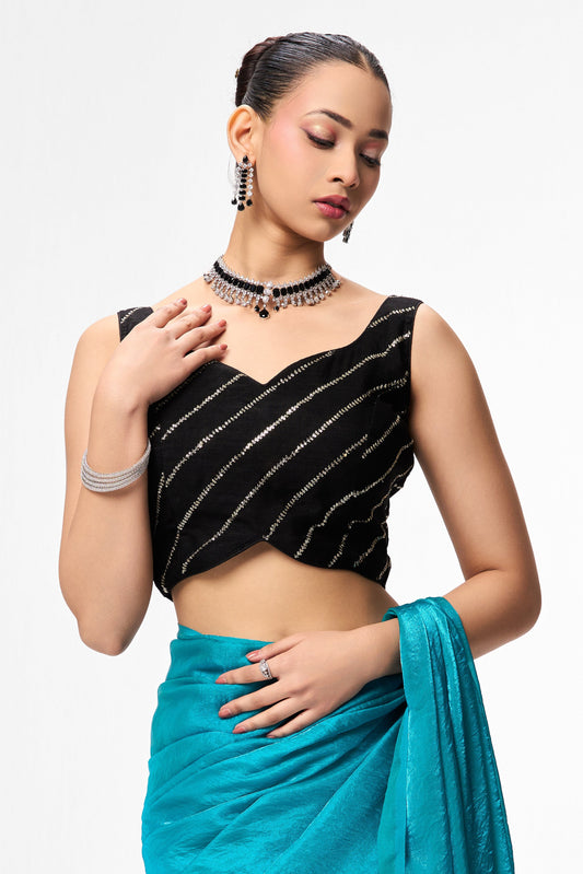 Dhiyona ST Black Sequin Stripe Blouse – Free-Size Adjustable 32–40 inches | Partywear Ready-to-Wear Blouse with Optional Sleeves