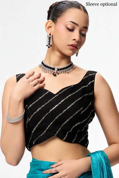 Dhiyona ST With Readymade Blouse - Azure Blue Metallic Satin Saree with Black Sequin Readymade Blouse