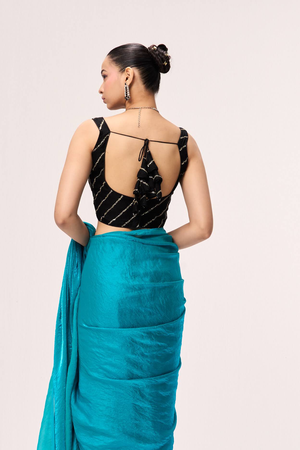 Dhiyona ST With Readymade Blouse - Azure Blue Metallic Satin Saree with Black Sequin Readymade Blouse