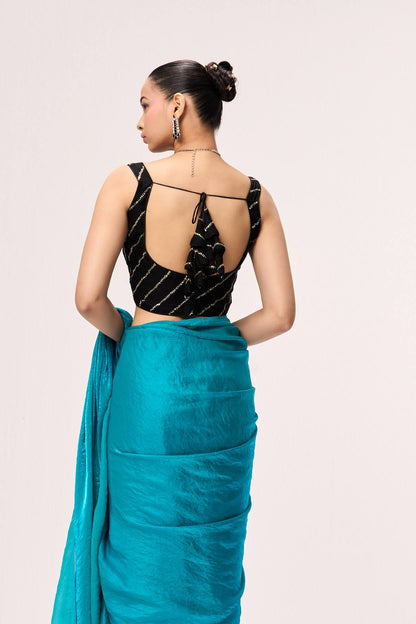 Dhiyona ST With Readymade Blouse - Azure Blue Metallic Satin Saree with Black Sequin Readymade Blouse