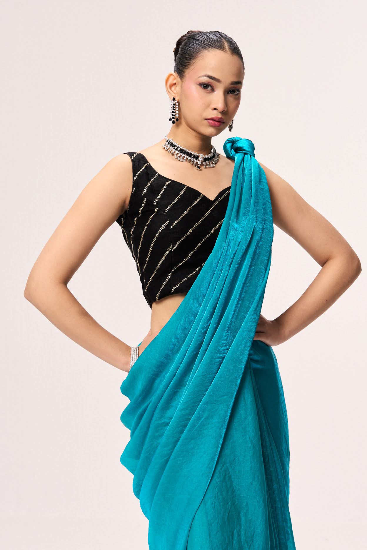 Dhiyona ST With Readymade Blouse - Azure Blue Metallic Satin Saree with Black Sequin Readymade Blouse