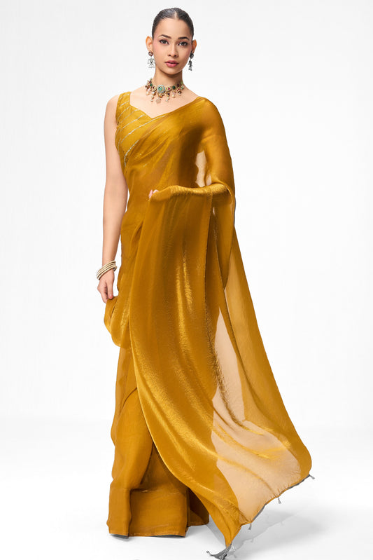 Dhiyona ST With Readymade Blouse - Yellow Metallic Satin Saree with Yellow Sequin Readymade Blouse